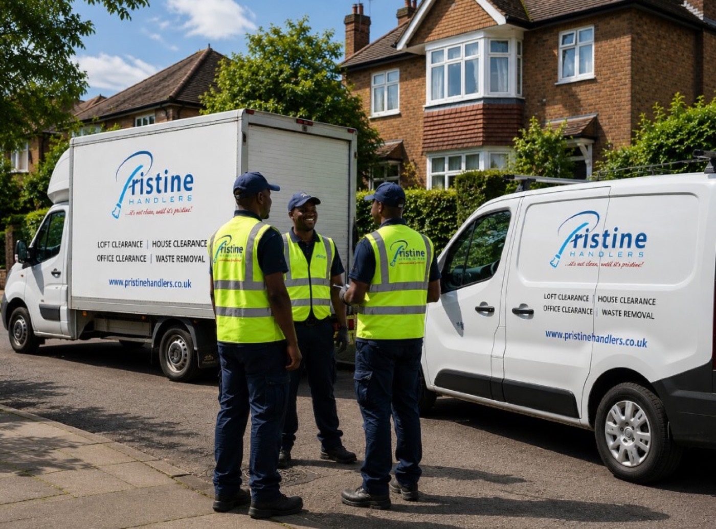 The Pristine Handlers crew and vehicles outside a residential job
