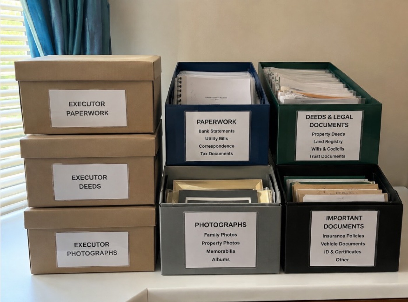 Boxes labelled Executor Paperwork, Deeds and Legal Documents, Photographs, and Important Documents